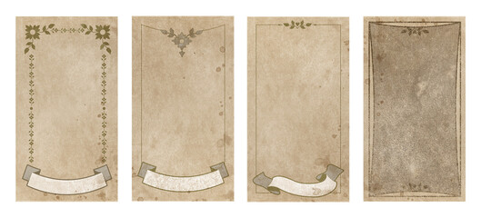 Set of ornamental frames for playing cards, invitations, menus... on aged and stained paper background.