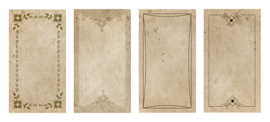 Set of ornamental frames for playing cards, invitations, menus... on aged and stained paper background.