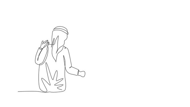 Animated self drawing of continuous one line draw young Arabian dad and his son talking and sitting together. Happy Islamic muslim parenting family concept. Full length single line animation.