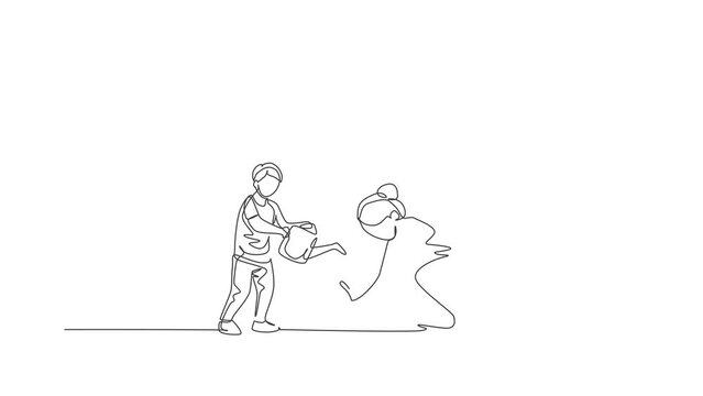 Animation of one line drawing of mother teach her son planting while the kid watering a plant at home garden. Happy parenting learning concept. Continuous line self draw animated. Full length motion.