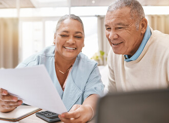 Fototapeta na wymiar Senior black couple, paperwork and laptop for planning, budget or taxes with discussion for future in home. Old man, woman and conversation for insurance, retirement or finance goals with documents