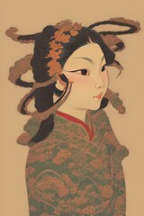 Antique Japanese Girl Art Painting