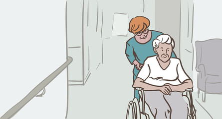 Femme âgée dans un fauteuil roulant dans un EHPAD poussée par une infirmière - obrazy, fototapety, plakaty