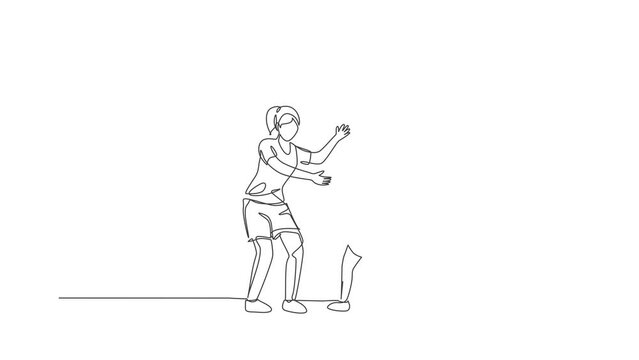 Animation of one single line drawing of young mother playing basketball fun with her daughter at home field. Happy parenting learning concept. Continuous line self draw animated. Full length motion.