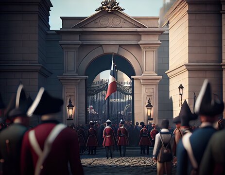 Historical recreation of a scene of the French revolution in front of the Bastille prison, generative AI