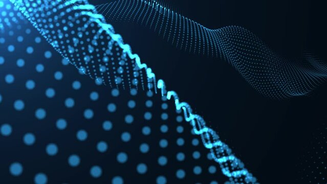 Abstract loopable blue motion waving dots texture with glowing defocused particles. Cyber or technology digital landscape background.