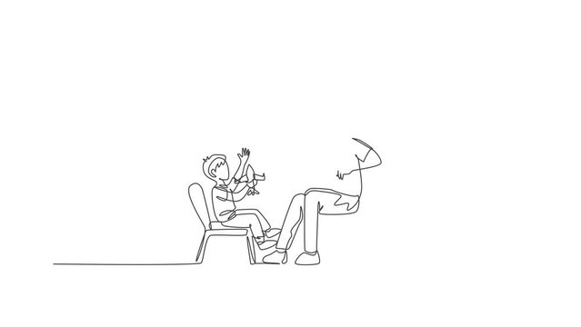 Animation of one line drawing young dad and his son sitting on chair and playing airplane toy together at home. Happy family bonding concept. Continuous line self draw animated. Full length motion.