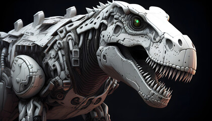 Bionic white tyrannosaurus rex with green eyes machine dinosaur close-up