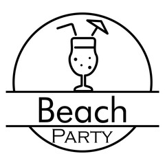 Tropical bar. Destino de vacaciones. Logo aislado con texto manuscrito Beach Party con silueta de copa de cocktail en círculo lineal