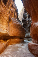 Petra Al siq canyon, entrance to Petra famous Nabatean city, Jordan