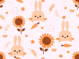 Seamless pattern with bunny rabbit cartoons, carrots, branches, grasses and little flower on pastel pink background vector illustration. Cute childish print.