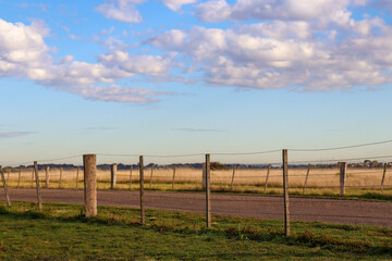 Fototapeta na wymiar rural fence in field in morning sunlight