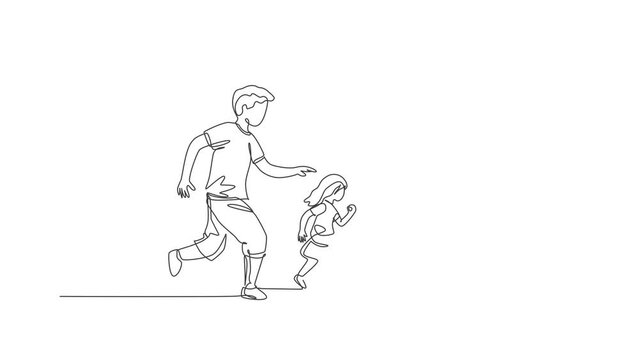 Animation of one line drawing of father run and play football soccer with his son and daughter at public park. Happy family parenting concept. Continuous line self draw animated. Full length motion.