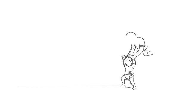 Animated self drawing of one continuous line draw young father teaching his son learning lead walk at home. Happy family parenthood concept. Full length single line animation illustration.