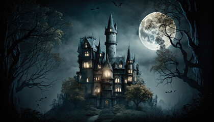 Haunted halloween gothic dark castle in the night