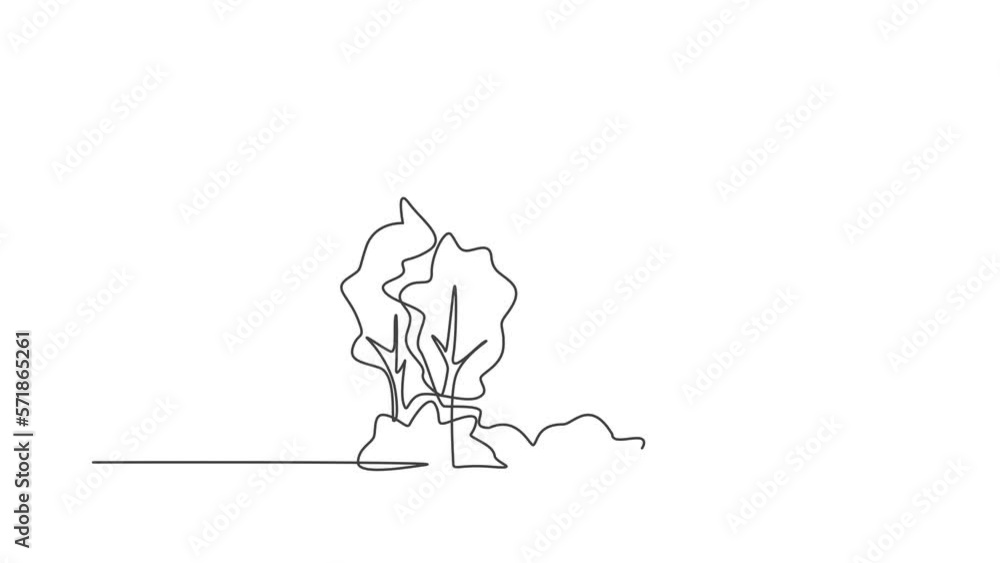 Poster animation of single one line drawing of green fresh tree for garden icon. environment eco friendly l