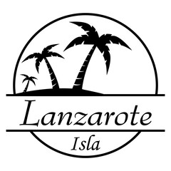 Destino de vacaciones. Logo aislado con texto manuscrito Lanzarote Isla en español con silueta de isla con palmeras en círculo lineal