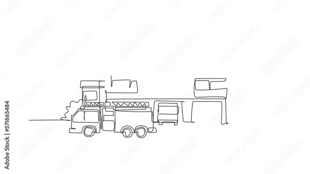 Poster animated self drawing of continuous one line draw fire station construction building with fire engin