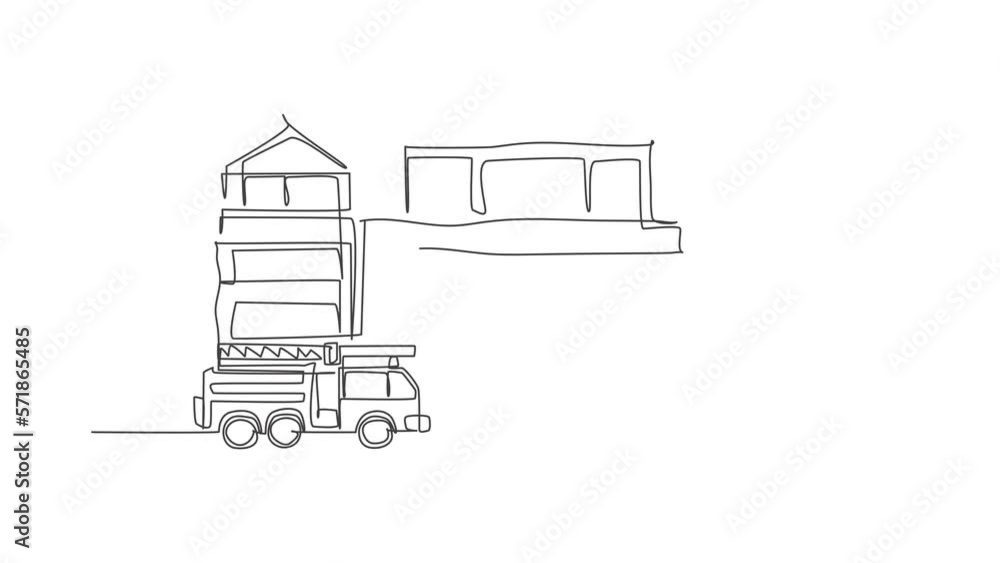 Aufkleber animated self drawing of continuous line draw fire station building construction. firefighter base c