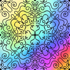 Seamless pattern decorative mandala with handwritten the word Om all over colorful background. 