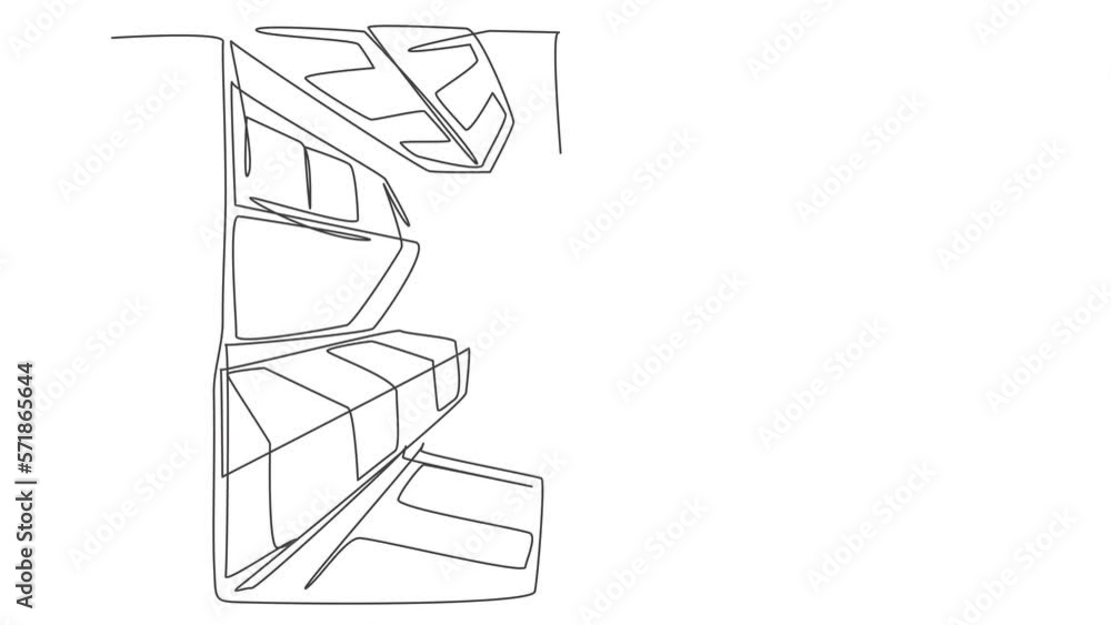 Poster animated self drawing of continuous line draw office buildings from low view to sky. business distri