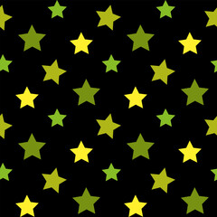 Seamless pattern in green and bright yellow stars on black backgound. Vector image.
