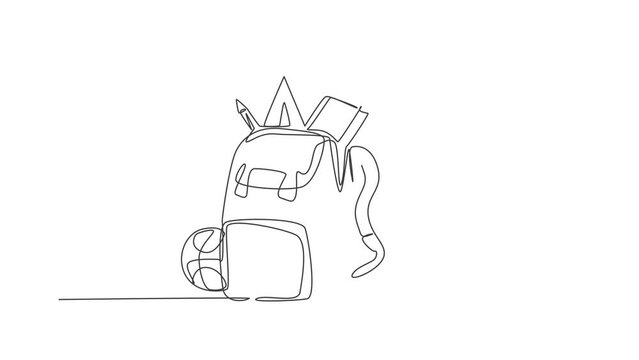 Animated self drawing of continuous line draw school bag set, microscope, book, basket ball, crayon, pen. Back to school hand drawn minimalism concept. Full length single line animation illustration.