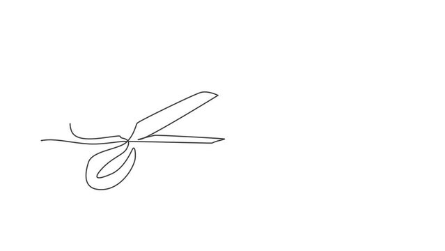 Animation of single one line drawing of child plastic scissor. Craft tool. Back to school minimalist, education concept. Continuous simple line self draw animated illustration. Full length motion.