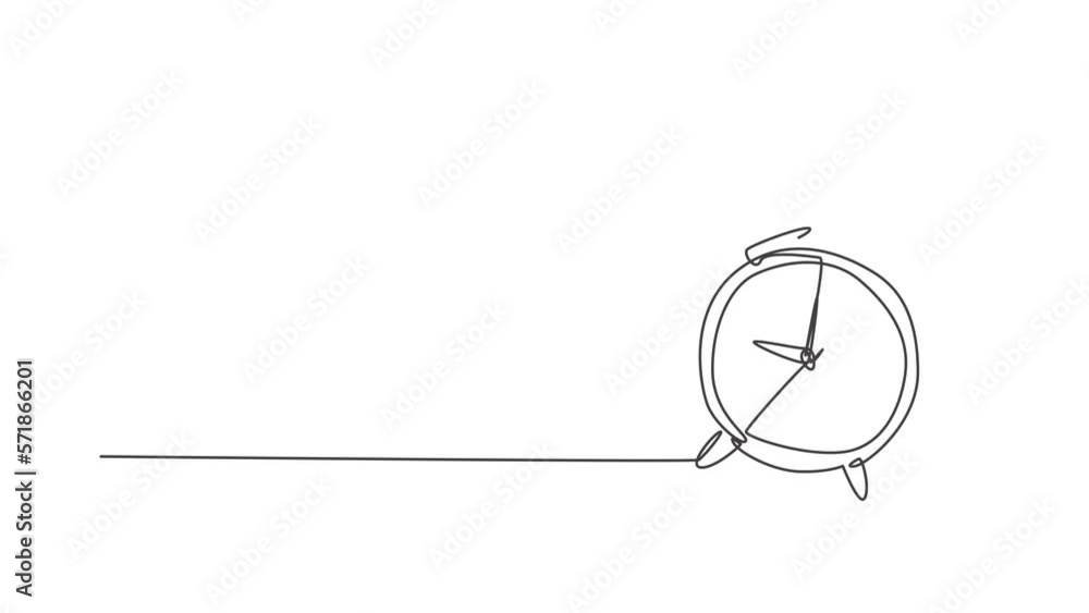 Poster animated self drawing of single continuous line draw ringing alarm clock to wake children up. back t