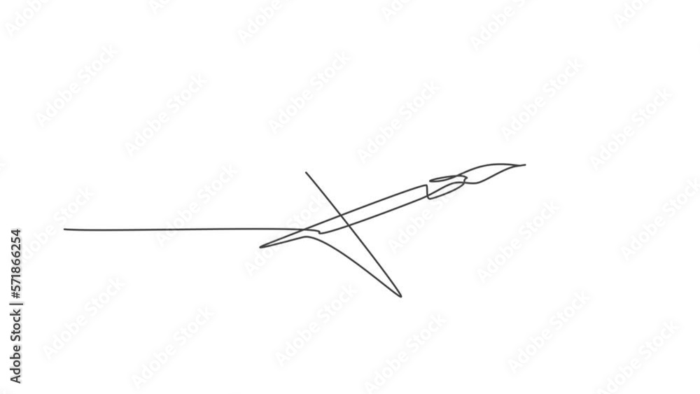 Poster animation of single one line drawing of pair paintbrush for drawing lesson with watercolor. back to 