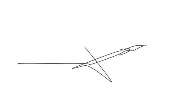 Animation of single one line drawing of pair paintbrush for drawing lesson with watercolor. Back to school minimalist, education concept. Continuous simple line self draw animated. Full length motion.