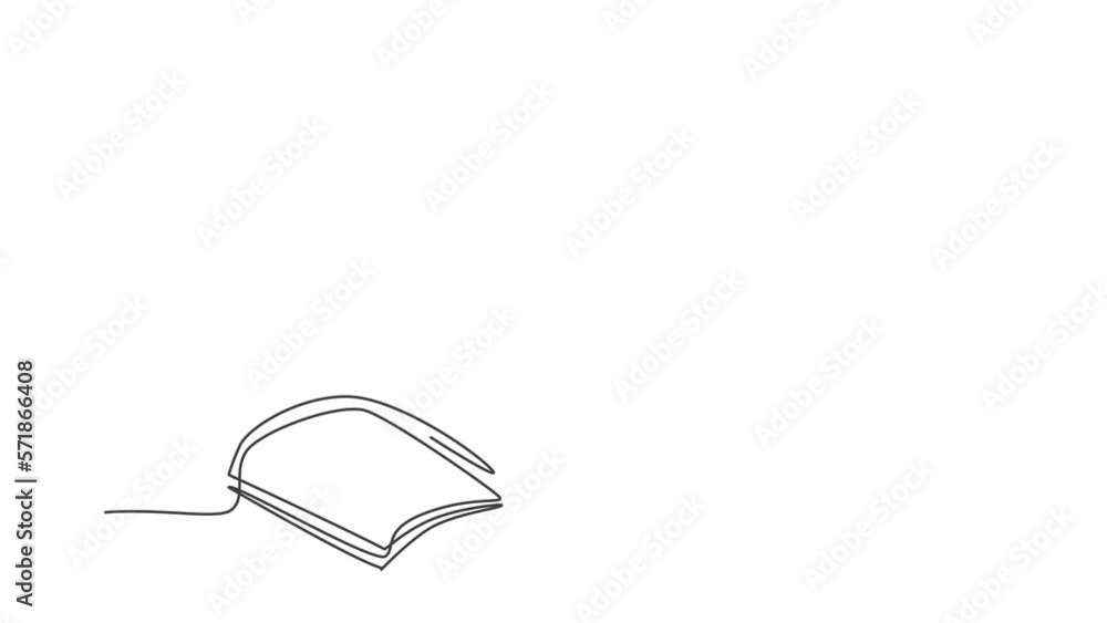 Poster animation of single one line drawing of open text book for study. back to school minimalist, educati