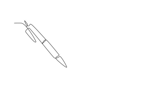 Animation of single one line drawing of classic ballpoint. Pen icon. Back to school minimalist, education concept. Continuous simple line self draw animated illustration. Full length motion.
