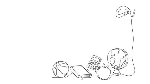 Animated self drawing of continuous line draw equipment school set such as book, globe, magnifier. Back to school minimalist style. Education concept. Full length one line animation illustration. - Powered by Adobe