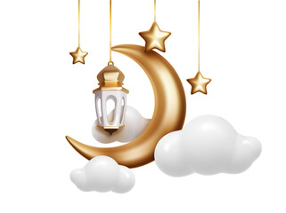 Composition with crescent moon lantern, cloud and stars for islamic holy month decoration. Decorative 3d elements for Muslim holidays