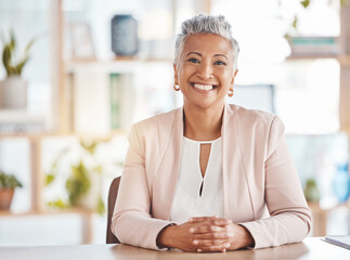 Leadership, portrait and business woman in her office sitting at a desk of a corporate company. Happy, career and face of confident professional senior female executive ceo with a smile in workplace. - obrazy, fototapety, plakaty