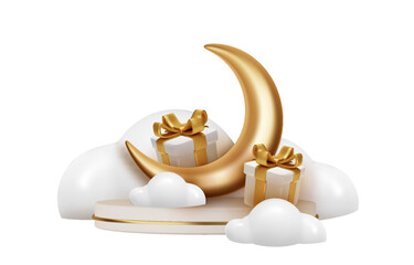 Composition with a crescent moon and gift boxes for the decoration of the Islamic holy month on a podium in the clouds. PNG Decorative 3d elements for Muslim holidays