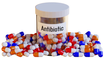 Antibiotic pills and bottle on PNG Transparent background. Health, medication use and medicine concept.
