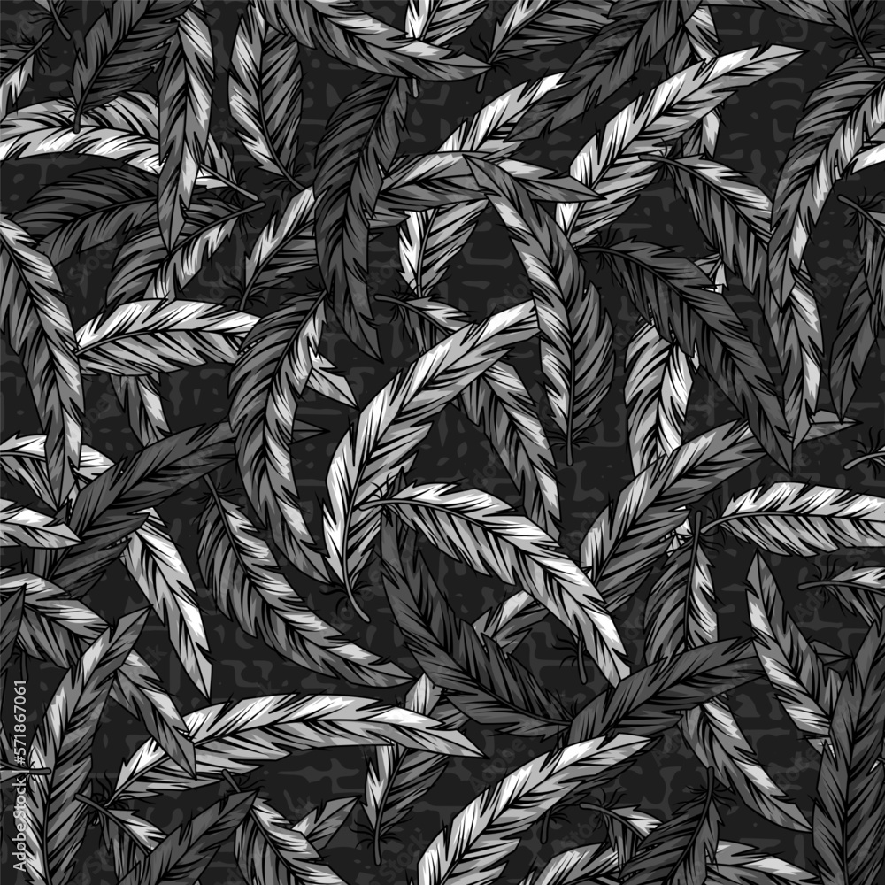 Poster seamless gray camouflage pattern with intertwined feathers. textured with small abstract shapes back