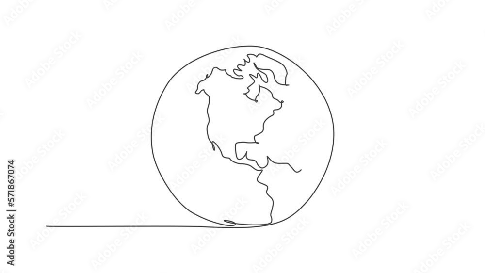 Aufkleber round earth globe. animated self drawing of continuous one line draw world map minimalist on white b