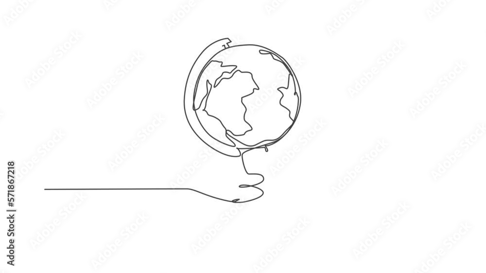 Poster earth globe above books stack. animated self drawing of continuous line world global map icon. full 