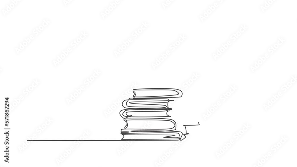 Poster books stack. animated self drawing of continuous line pile of books on desk library icon. full lengt
