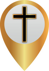 Map pointer with golden christian cross Icon. Vector