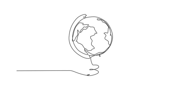 Earth globe above books stack. Animated self drawing of continuous line world global map icon. Full length one line animation doodle for education concept. Isolated illustration on white background.