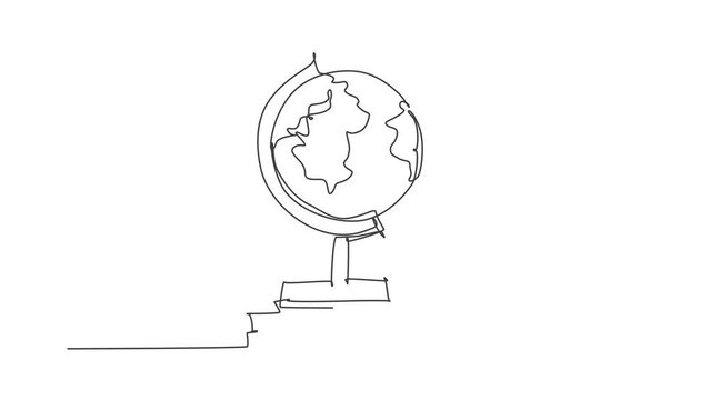 Self drawing animation of single line draw world globe. Round map above books pile silhouette education concept. Infographics, school presentation isolated on white background. Full length animated.