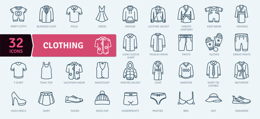 Clothing icon pack. Collection of thin line clothing icons