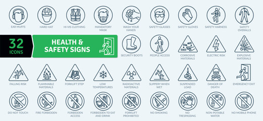 Health And Safety Signs icons Pack. Collection of thin line signal icon - obrazy, fototapety, plakaty
