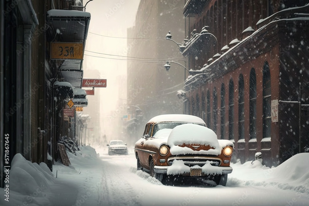 Poster a snow-covered automobile making its way through a blizzard-covered metropolis generative ai