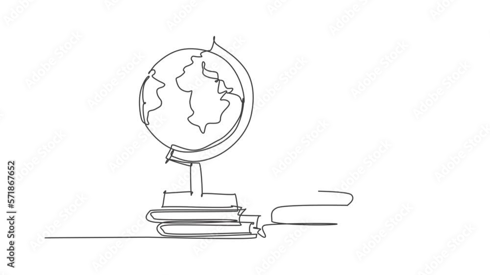Aufkleber self drawing animation of single line draw globe and stack of books. earth and book for education. i