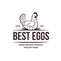 Fototapeta na wymiar Chicken Poultry Farm Monochrome Logo, Vintage Premium Quality. Fresh Organic Chicken Eggs Farmer Logotype, or Badge Design. Isolated on White Background